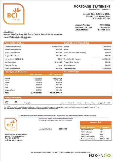Modèle Word et PDF de relevé hypothécaire de la Banco Comercial e de Investimentos du Mozambique